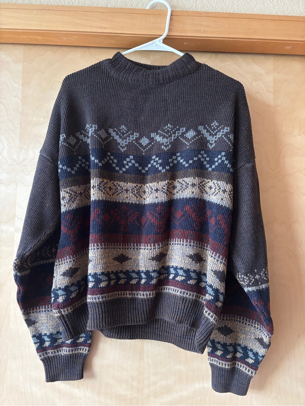 The Men's Store Charcoal Crewneck Sweater with Navy and Maroon Fair Isle